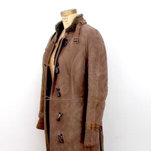 1970s shearling sheepskin tan brown fur coat maxi length  manteau mouton